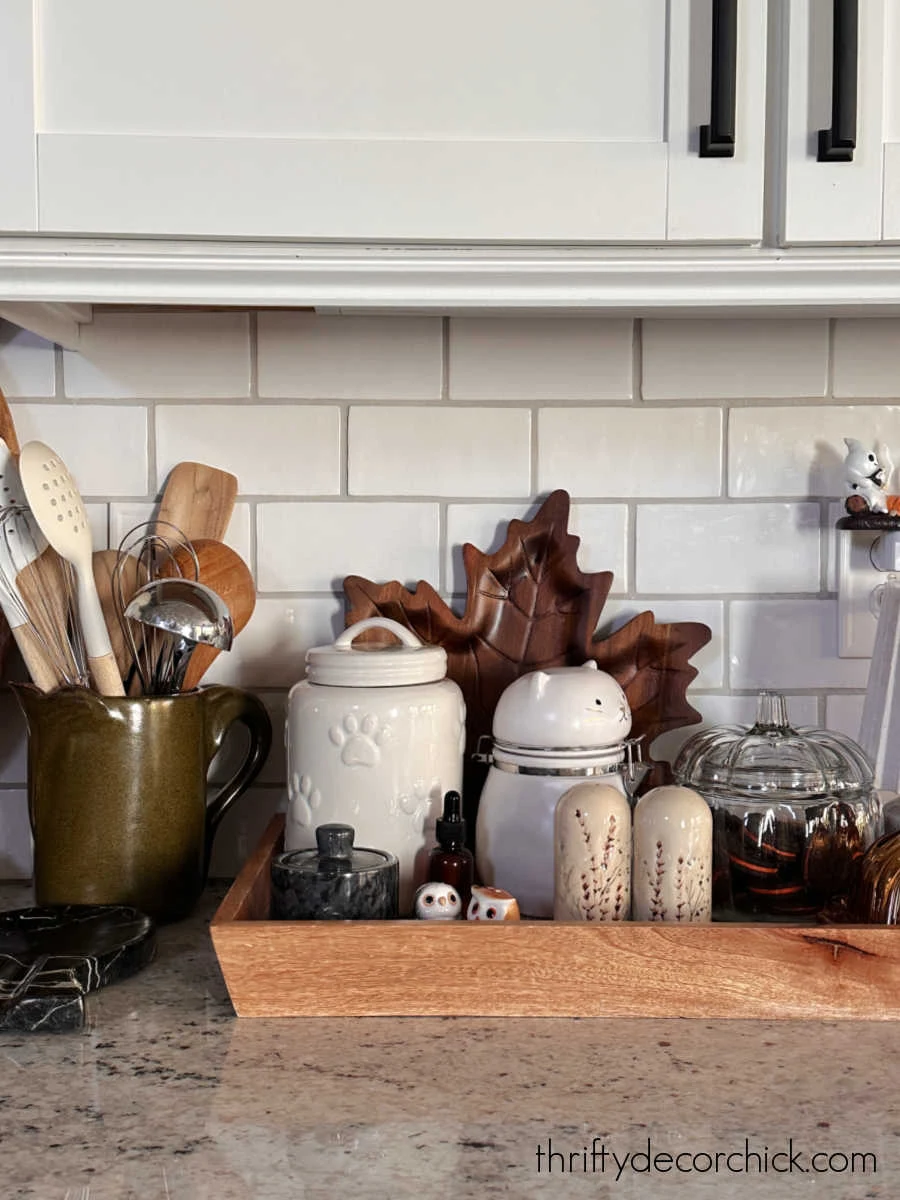 fall decor tray on kitchen counter