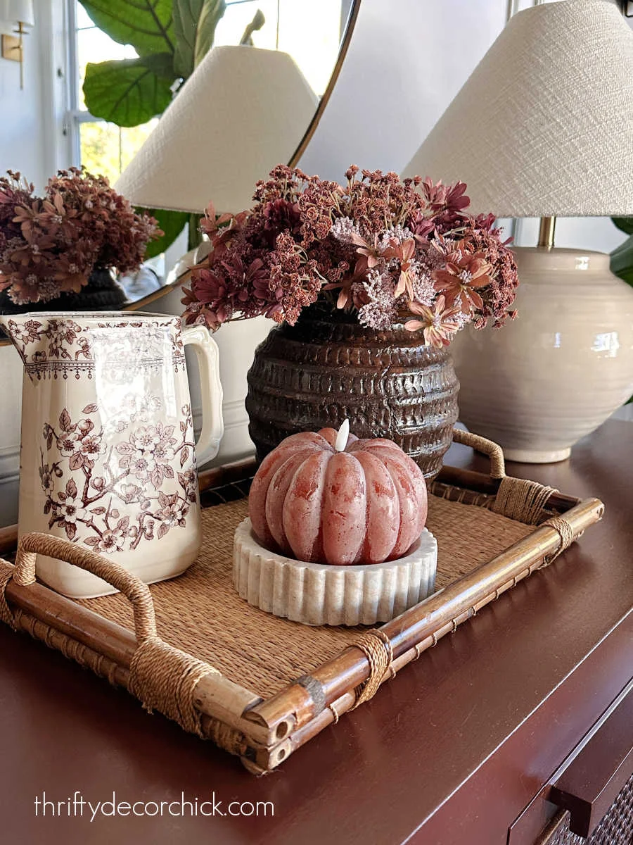 burgundy fall decor on tray