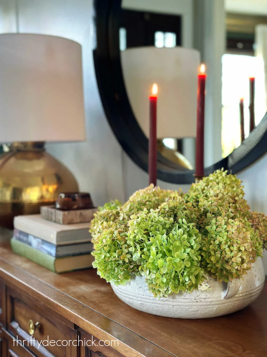 hydrangea blooms in wide bowl