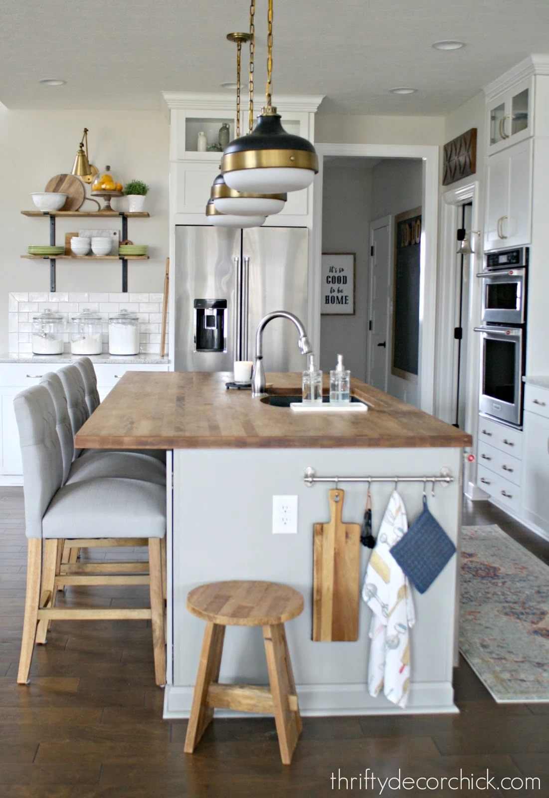 wood butcher block on island