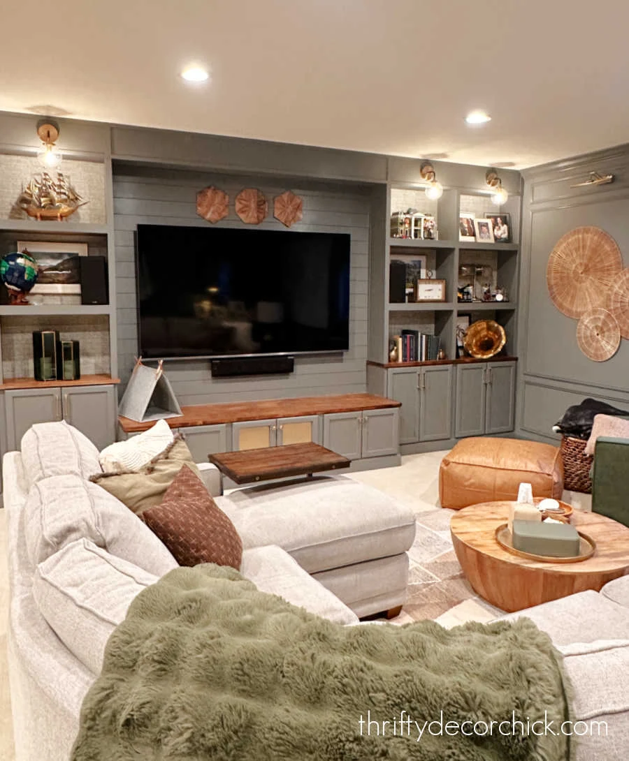 long DIY entertainment center built in