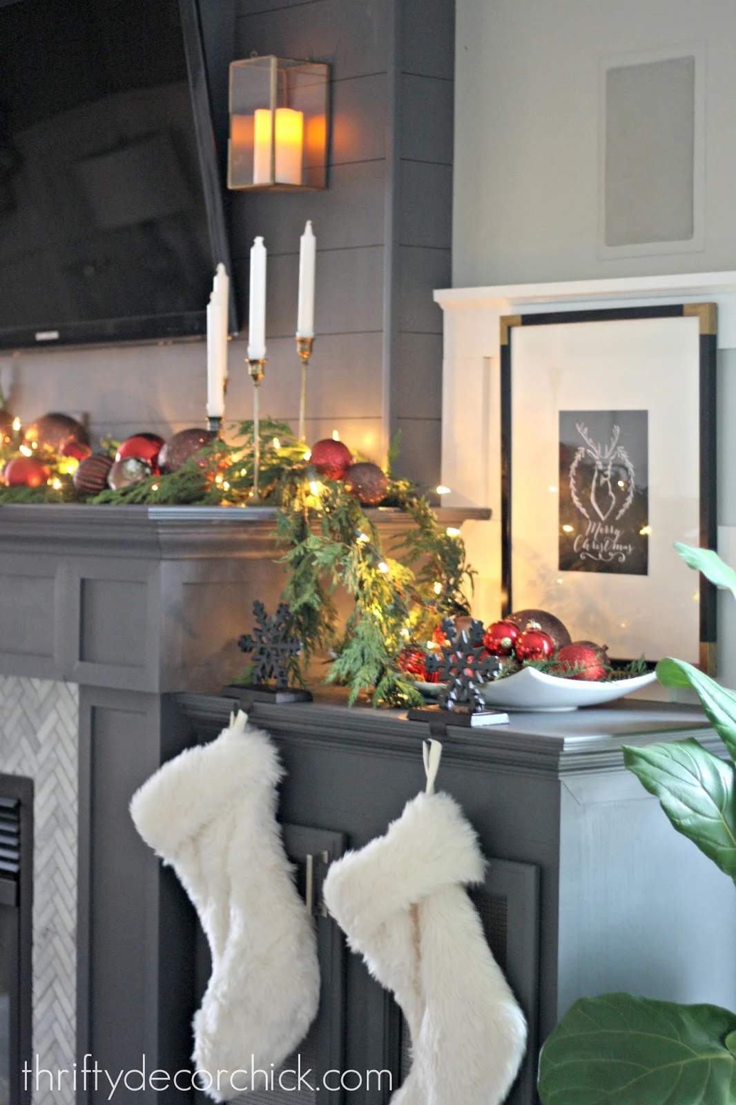 greenery with ornaments on mantel