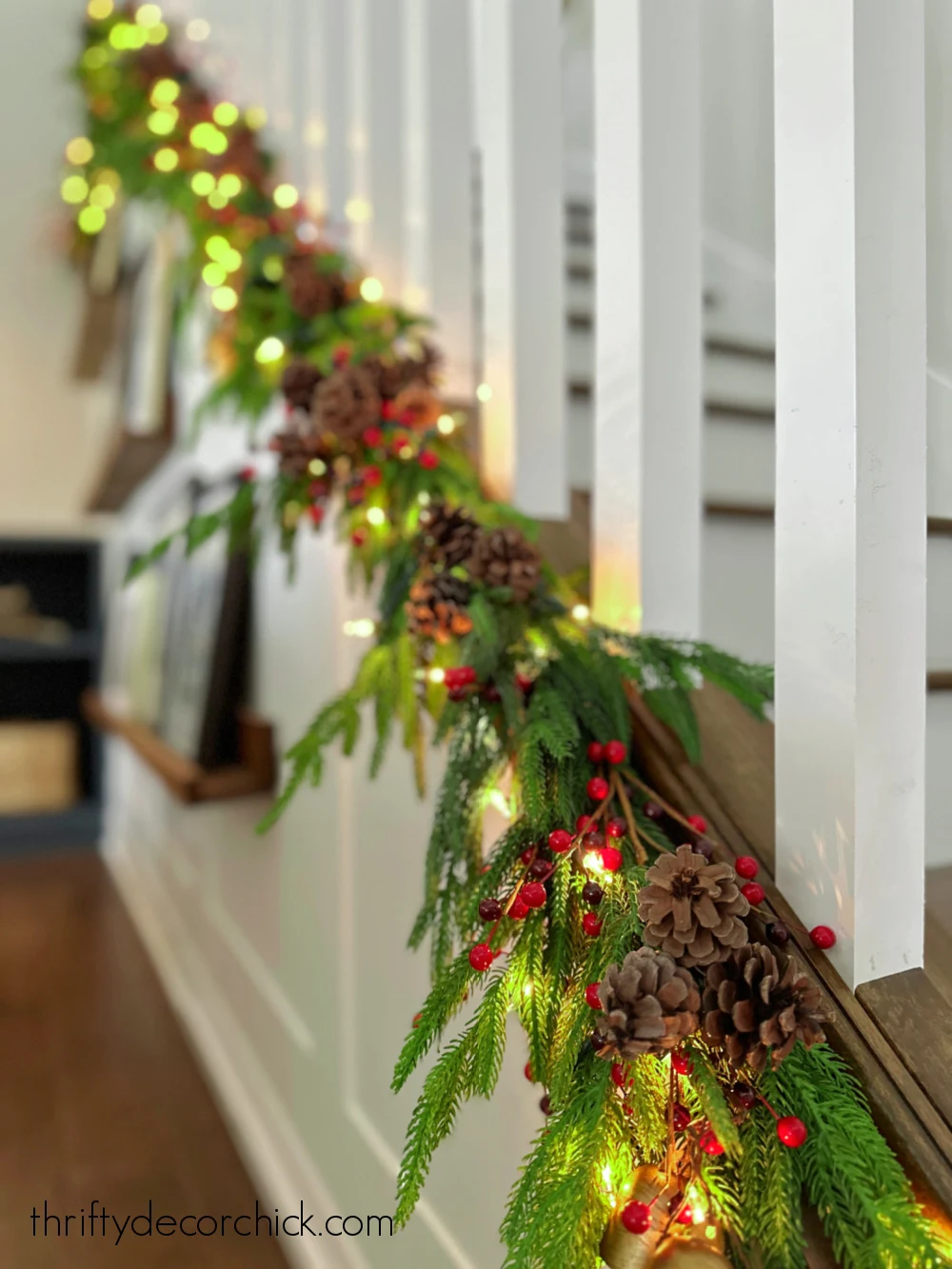 garland at bottom of staircase