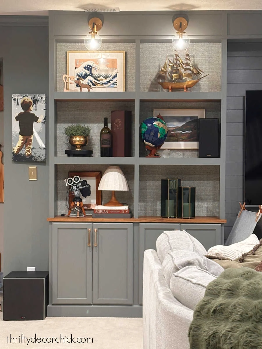 decorated shelves with Lego sets