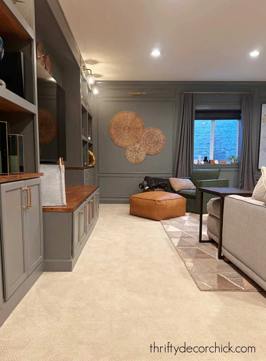 huge long wall of TV built in bookcases