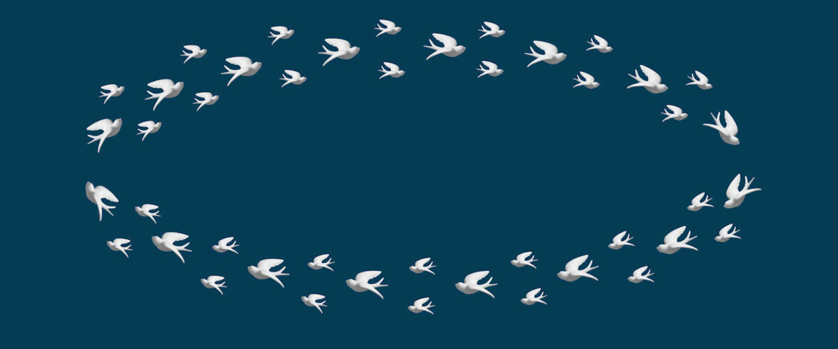 48 ceramic birds used as wall decoration on bedroom wall -- oval arrangement mockup