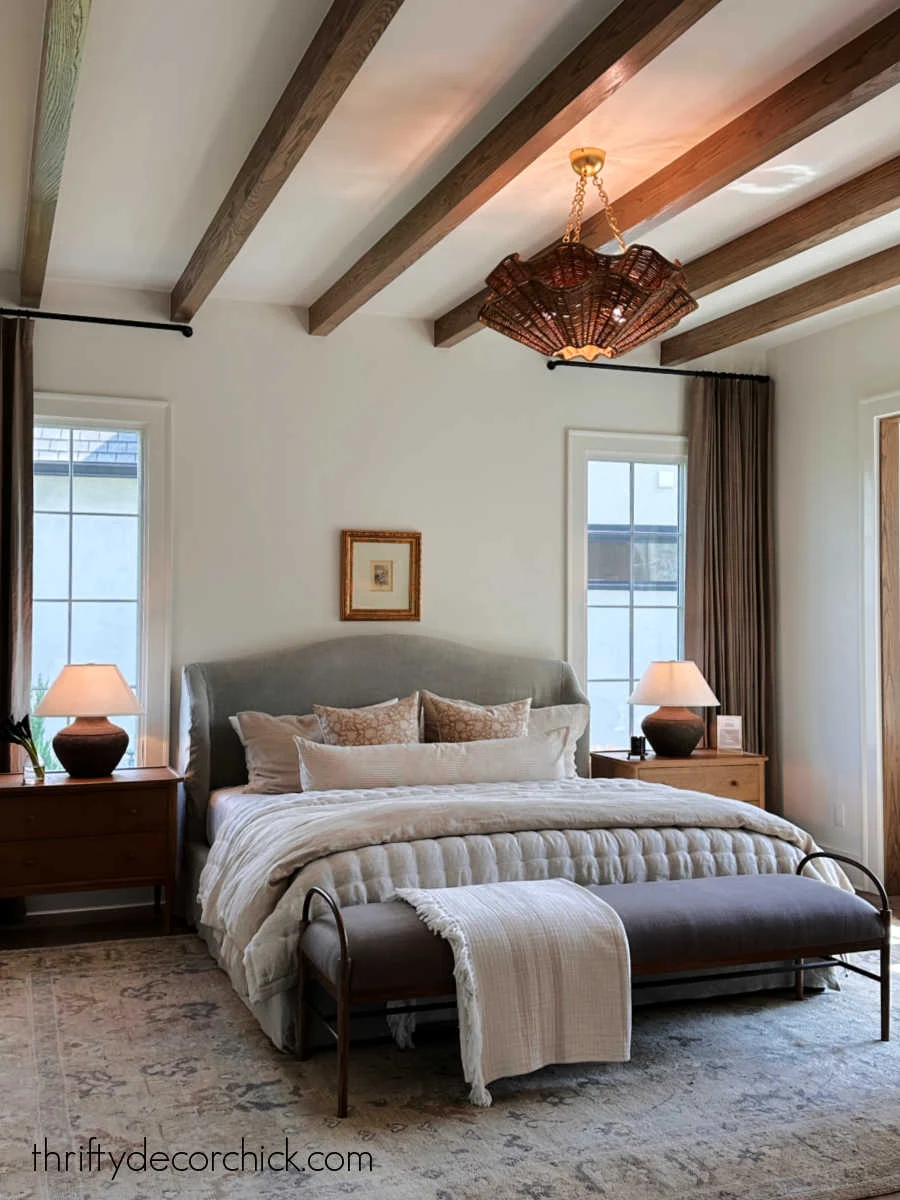 thin wood beams in bedroom