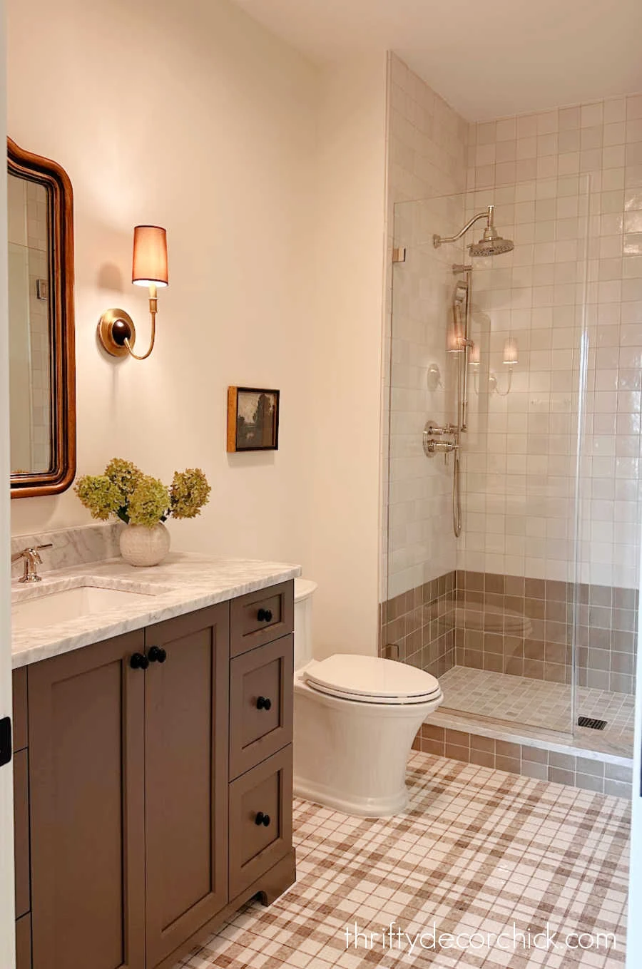 plaid floor tile in bathroom